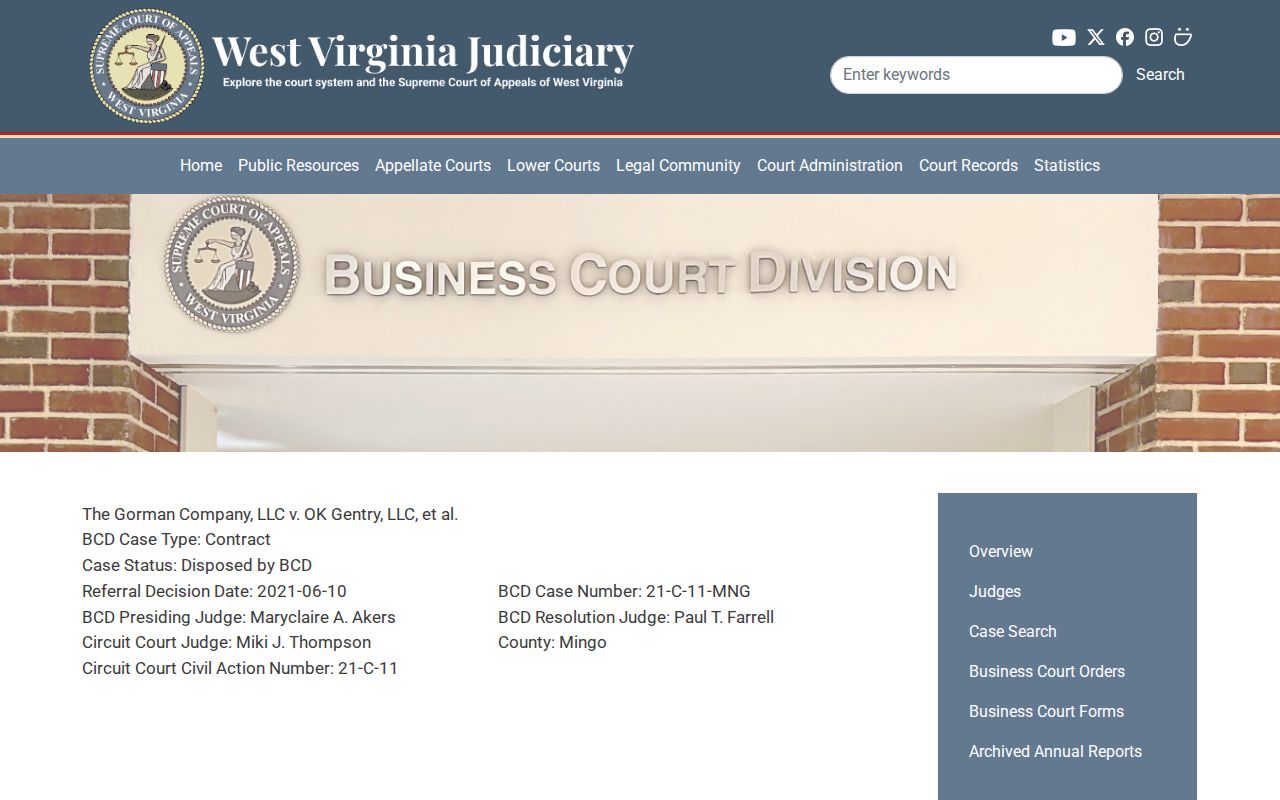 Mingo County civil court docket official Business Court metadata